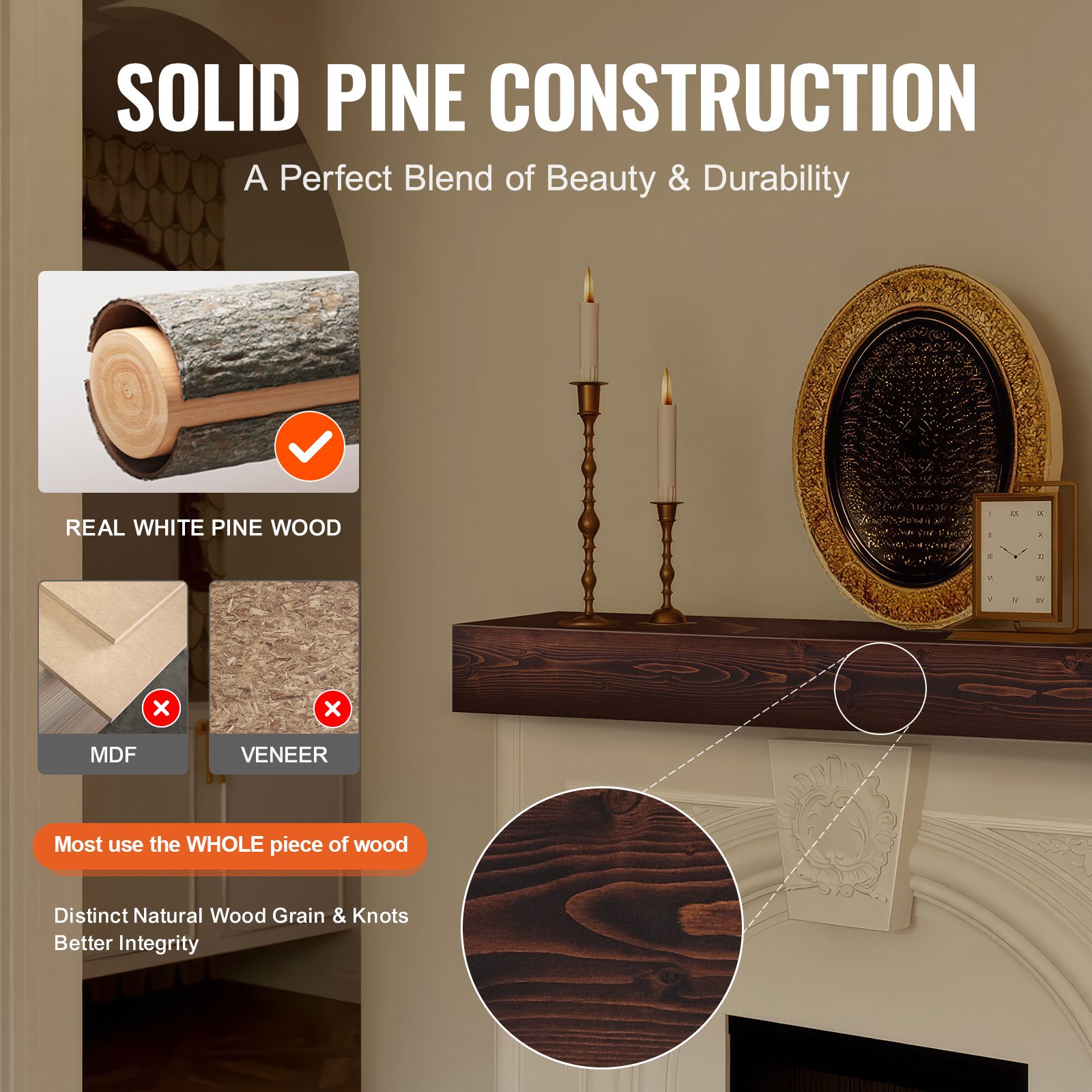 Kominek VEVOR, 60 x 8 x 6 cali, udźwig 50 funtów, naturalny drewniany kominek nad kominkiem, wisząca półka w stylu rustykalnym do montażu na ścianie, ręcznie robiony kominek jako dekoracja ścienna, rustykalny brąz