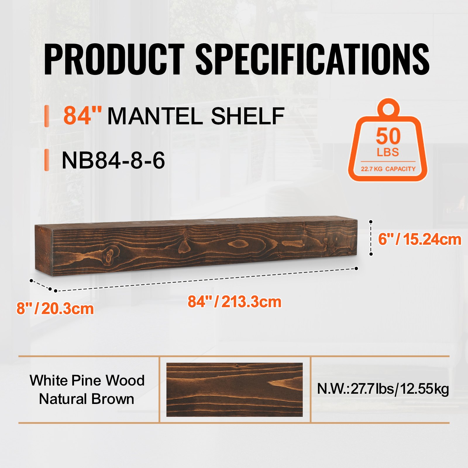 VEVOR mantelpiece, 213.4 x 20.3 x 15.2 cm, load capacity 22.7 kg, natural wood mantelpiece for above the fireplace, floating farmhouse wall-mounted shelf, handcrafted mantelpiece as wall decoration, natural brown