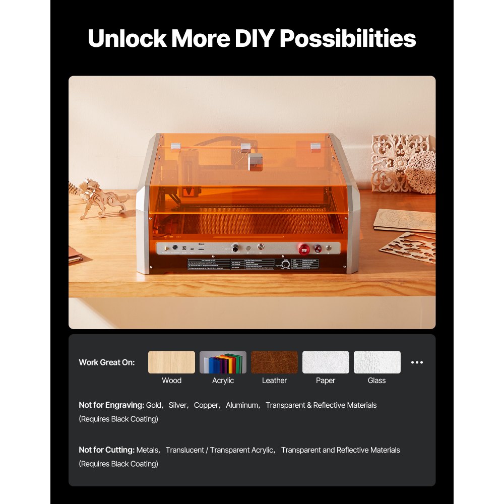 Grawerka laserowa VEVOR, 20 W, maszyna do grawerowania i cięcia laserowego z obudową kamery, ploter laserowy, obszar roboczy 400 x 400 mm, 30000 mm/min, do drewna, skóry, szkła, papieru, niektórych metali, klasa 1