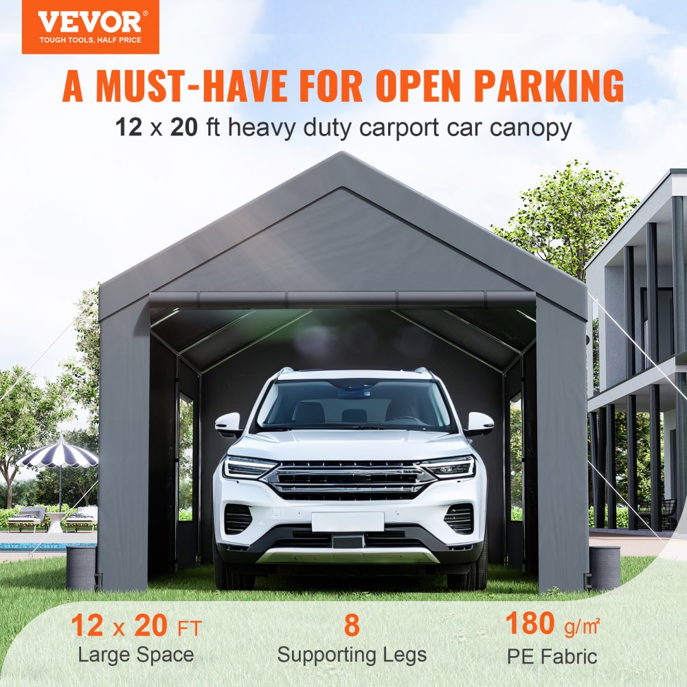 Namiot garażowy VEVOR 3,7 x 6 x 2,96 m namiot garażowy wykonany z dwustronnie powlekanego PE o gramaturze 180 g/m² i ocynkowanej rury stalowej namiot magazynowy wiata garażowa o średnicy kolumny 38 mm namiot dla 2-3 osób dorosłych ciemnoszary