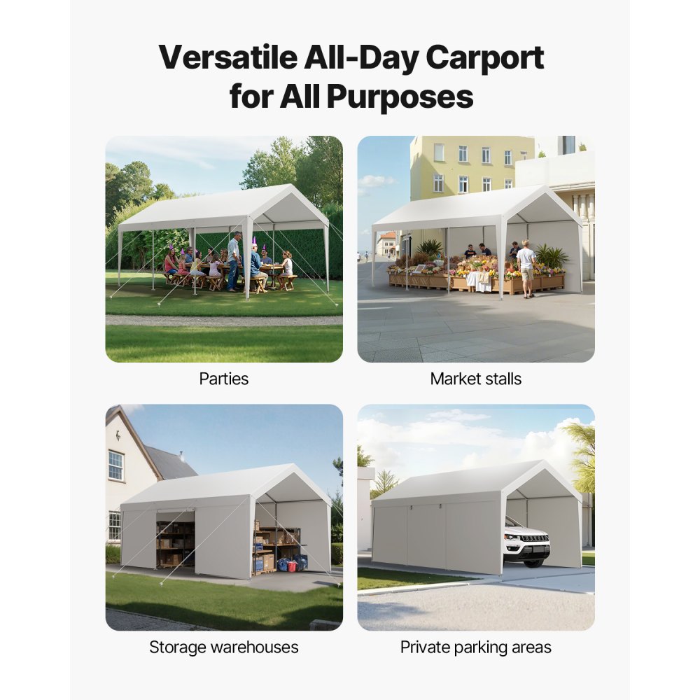 VEVOR Carport, 3,65 x 6,09 x 3,02 m, pokrowiec na samochód, garaż namiotowy ze zdejmowanymi ścianami bocznymi i drzwiami, wiata samochodowa, odporna na promieniowanie UV i wodoodporna, całoroczna ochrona samochodu i łodzi, biała