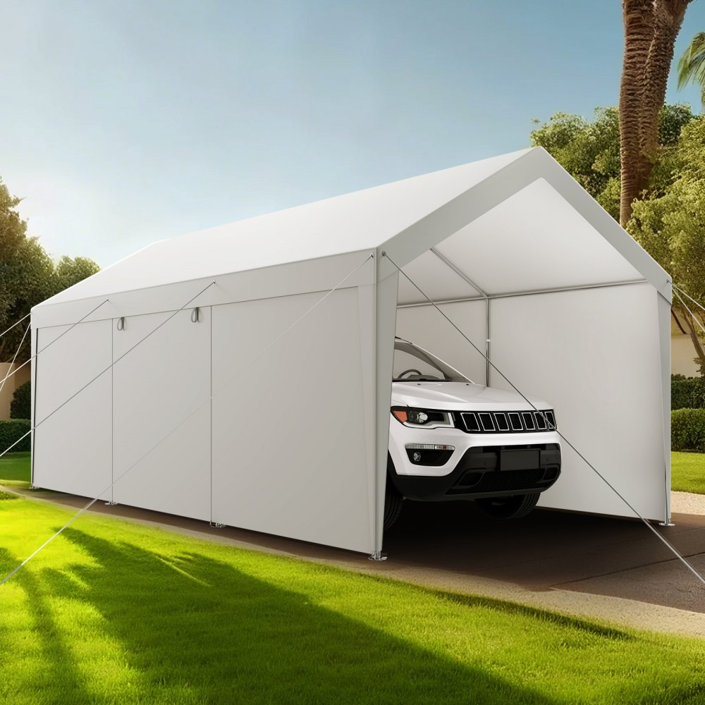 VEVOR Carport, 3,65 x 6,09 x 3,02 m, pokrowiec na samochód, garaż namiotowy ze zdejmowanymi ścianami bocznymi i drzwiami, wiata samochodowa, odporna na promieniowanie UV i wodoodporna, całoroczna ochrona samochodu i łodzi, biała