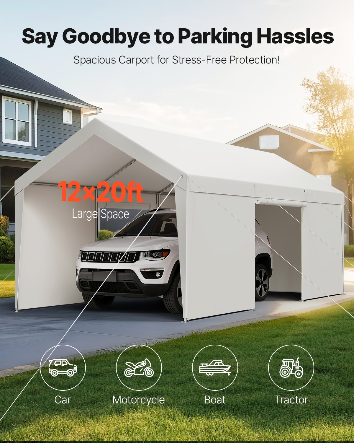 VEVOR Carport, 3,65 x 6,09 x 3,02 m, pokrowiec na samochód, garaż namiotowy ze zdejmowanymi ścianami bocznymi i drzwiami, wiata samochodowa, odporna na promieniowanie UV i wodoodporna, całoroczna ochrona samochodu i łodzi, biała