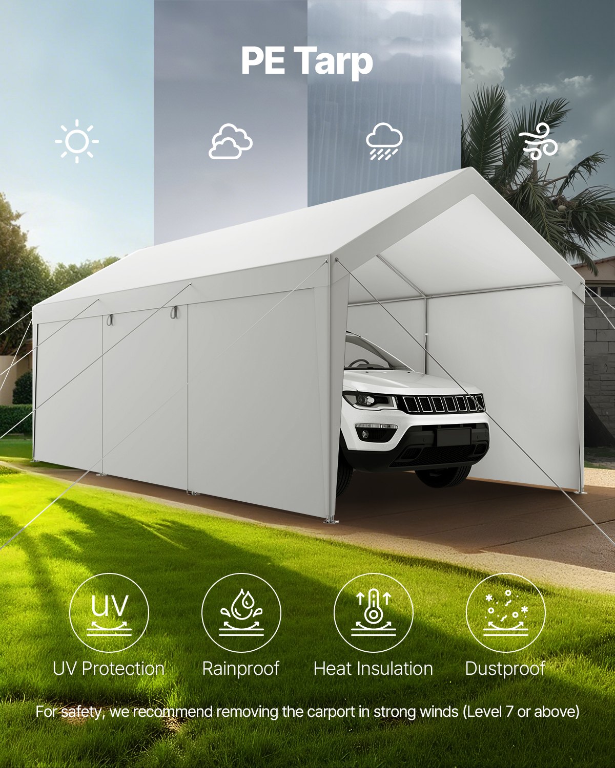 VEVOR Carport, 3,65 x 6,09 x 3,02 m, pokrowiec na samochód, garaż namiotowy ze zdejmowanymi ścianami bocznymi i drzwiami, wiata samochodowa, odporna na promieniowanie UV i wodoodporna, całoroczna ochrona samochodu i łodzi, biała