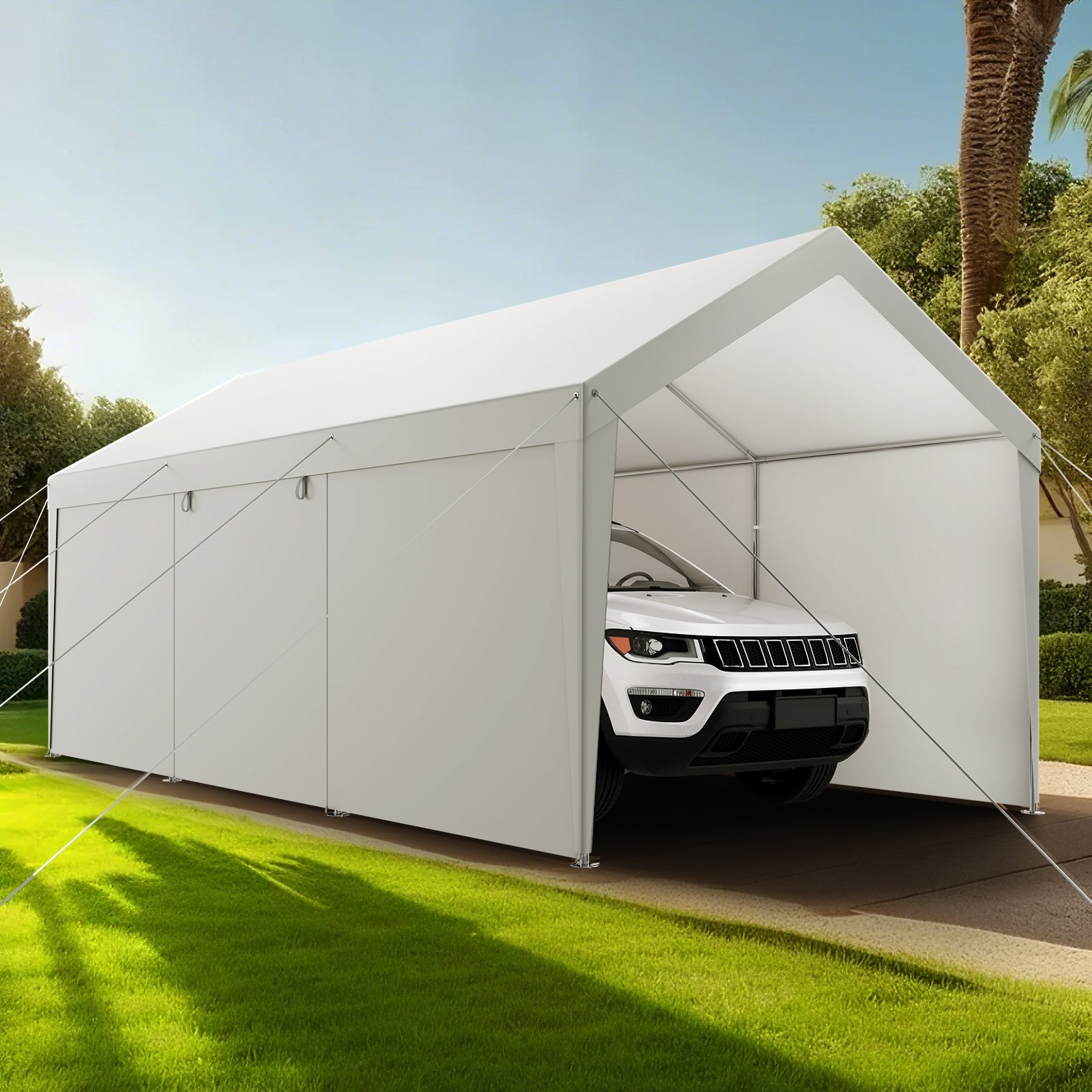 VEVOR Carport, 3,65 x 6,09 x 3,02 m, pokrowiec na samochód, garaż namiotowy ze zdejmowanymi ścianami bocznymi i drzwiami, wiata samochodowa, odporna na promieniowanie UV i wodoodporna, całoroczna ochrona samochodu i łodzi, biała