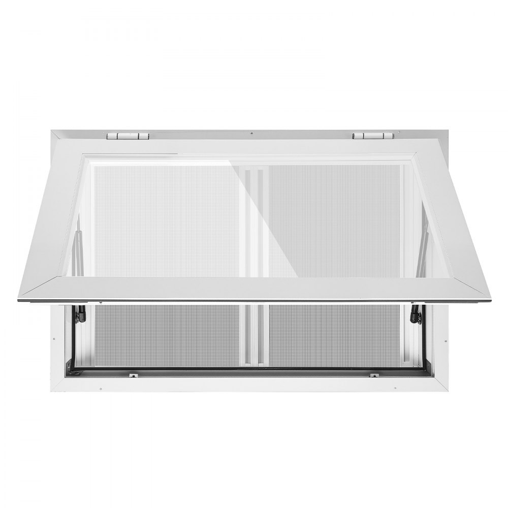 Okno sprzedażowe VEVOR do food trucków 915 x 610 x 130 mm Okno sprzedażowe do food trucków, stoisk sprzedażowych, otwierane do 85°, z 2 moskitierami, klapą sprzedażową, hakiem holowniczym i osłoną przeciwdeszczową