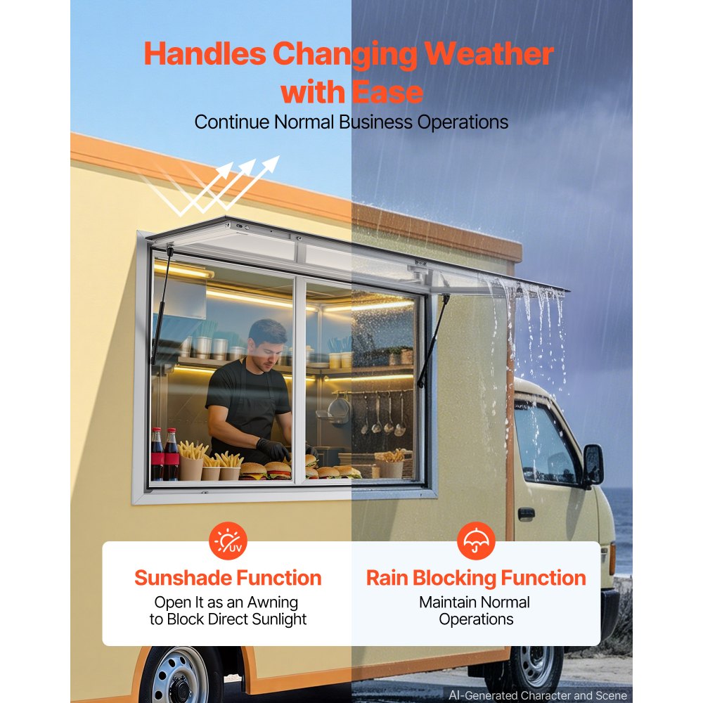 Okno sprzedażowe VEVOR do food trucków, 1220 x 915 mm, wykonane ze stopu aluminium, okno koncesyjne do food trucków, otwierane do 85°, 2 akrylowe okna przesuwne, klapa sprzedażowa, hak holowniczy, osłona przeciwdeszczowa