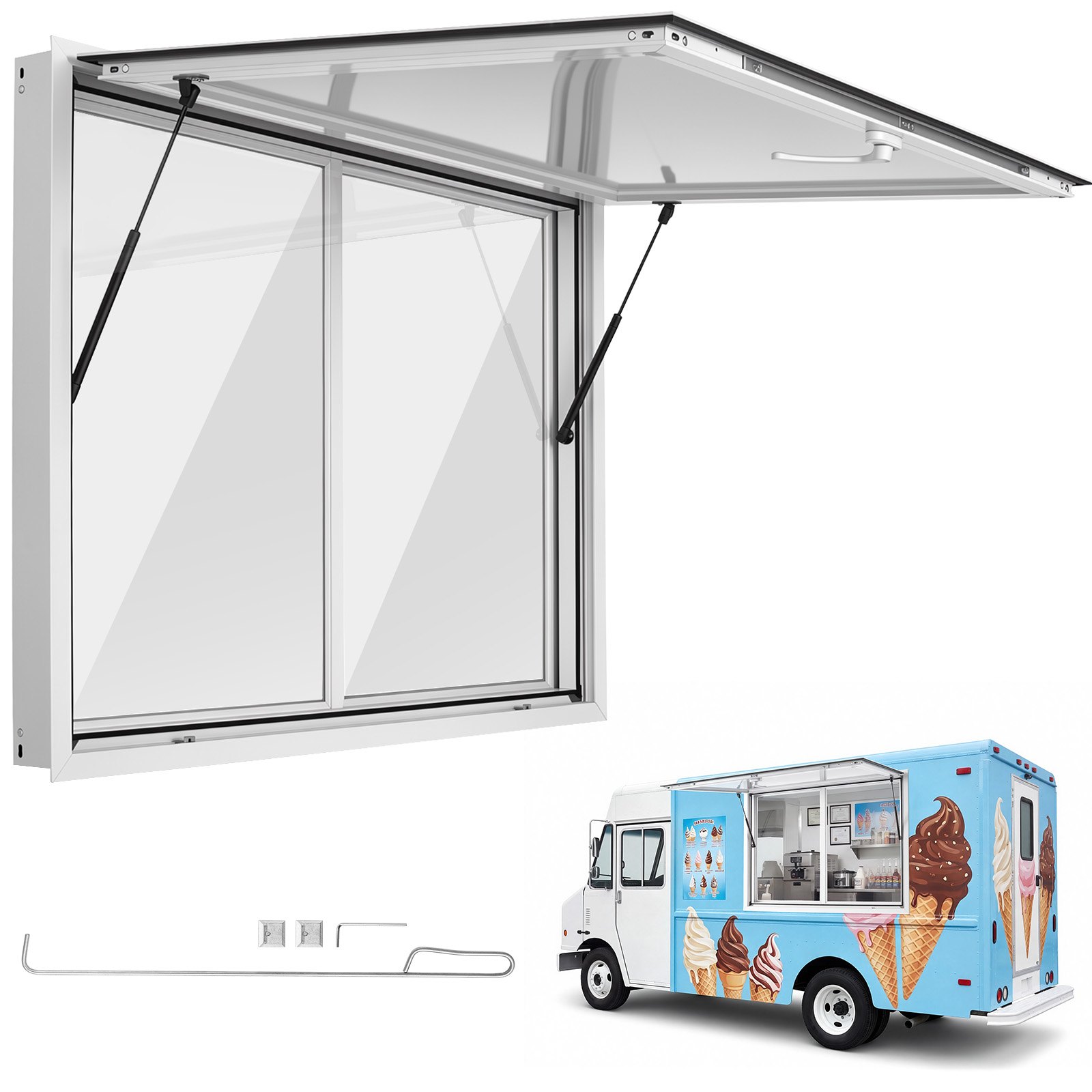 Okno sprzedażowe VEVOR do food trucków, 1220 x 915 mm, wykonane ze stopu aluminium, okno koncesyjne do food trucków, otwierane do 85°, 2 akrylowe okna przesuwne, klapa sprzedażowa, hak holowniczy, osłona przeciwdeszczowa