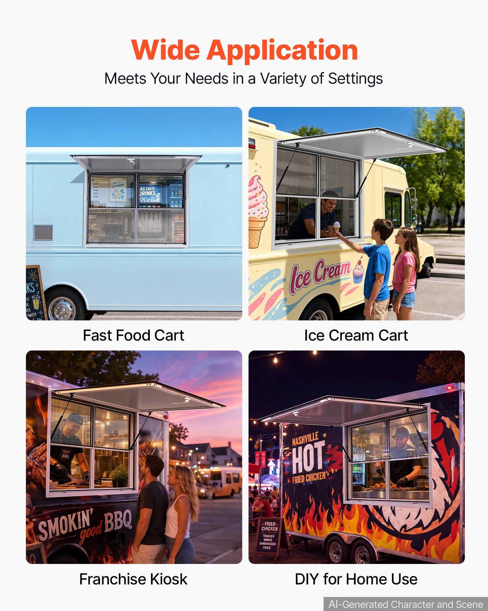 Okno sprzedażowe do food trucków VEVOR, 1220 x 915 mm, ze stopu aluminium, otwierane do 85°, 2 stałe szyby u góry, 2 przesuwne moskitiery u dołu, klapa sprzedażowa, osłona przeciwdeszczowa