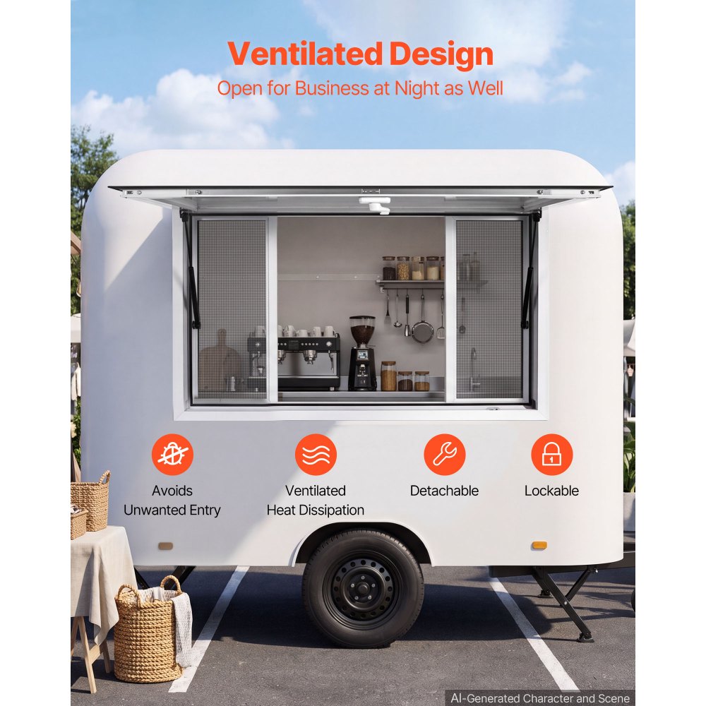 Okno sprzedażowe VEVOR do food trucków 1524 x 915 mm wykonane ze stopu aluminium, okno koncesyjne do stoisk sprzedażowych, otwierane do 85°, z 4 moskitierami, klapą sprzedażową, hakiem holowniczym i osłoną przeciwdeszczową
