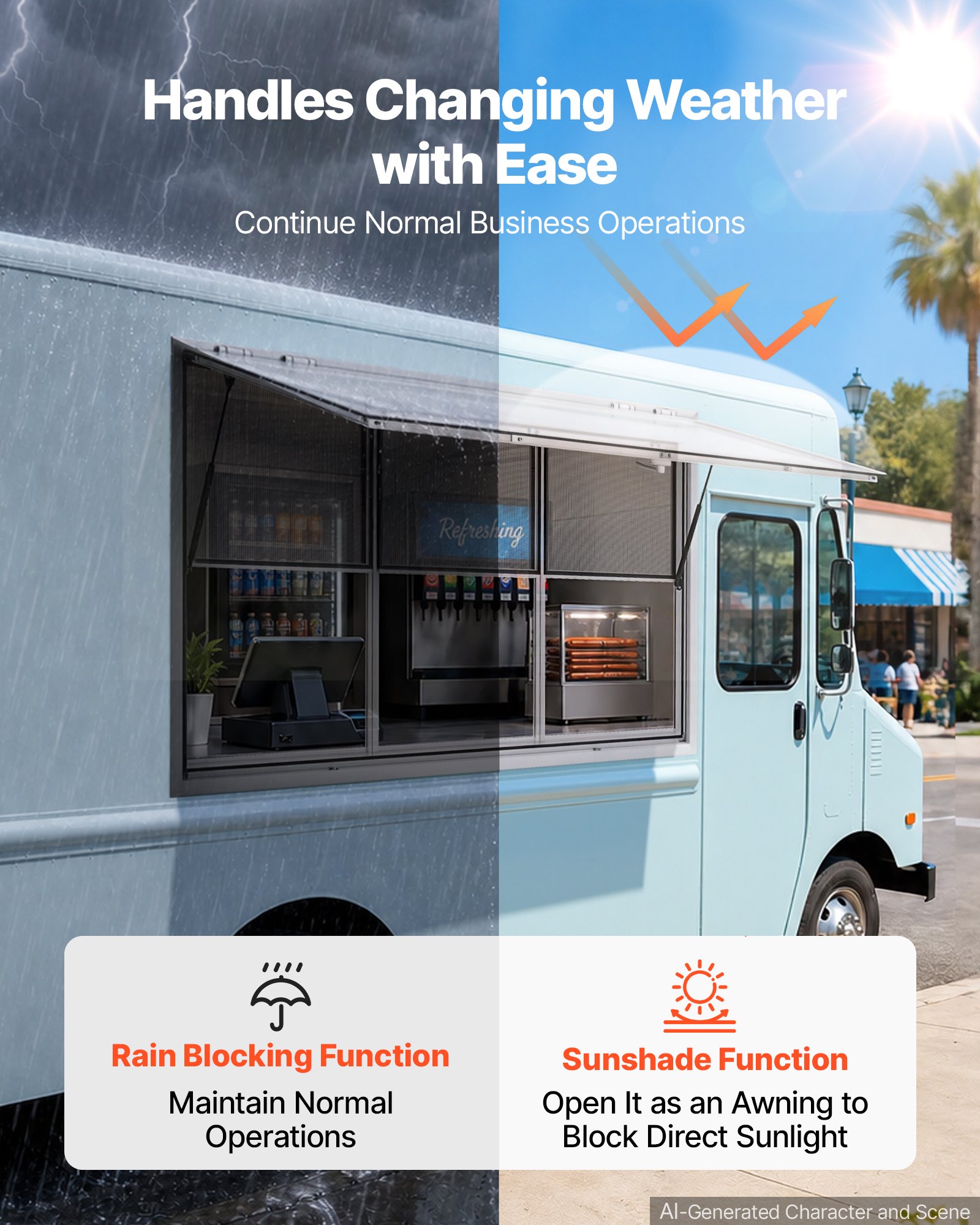 Okno sprzedażowe do food trucka VEVOR, 1626 x 1016 mm, stop aluminium, okno koncesyjne otwierane do 85°, 3 stałe szyby u góry, 3 przesuwne moskitiery u dołu, klapa sprzedażowa, osłona przeciwdeszczowa