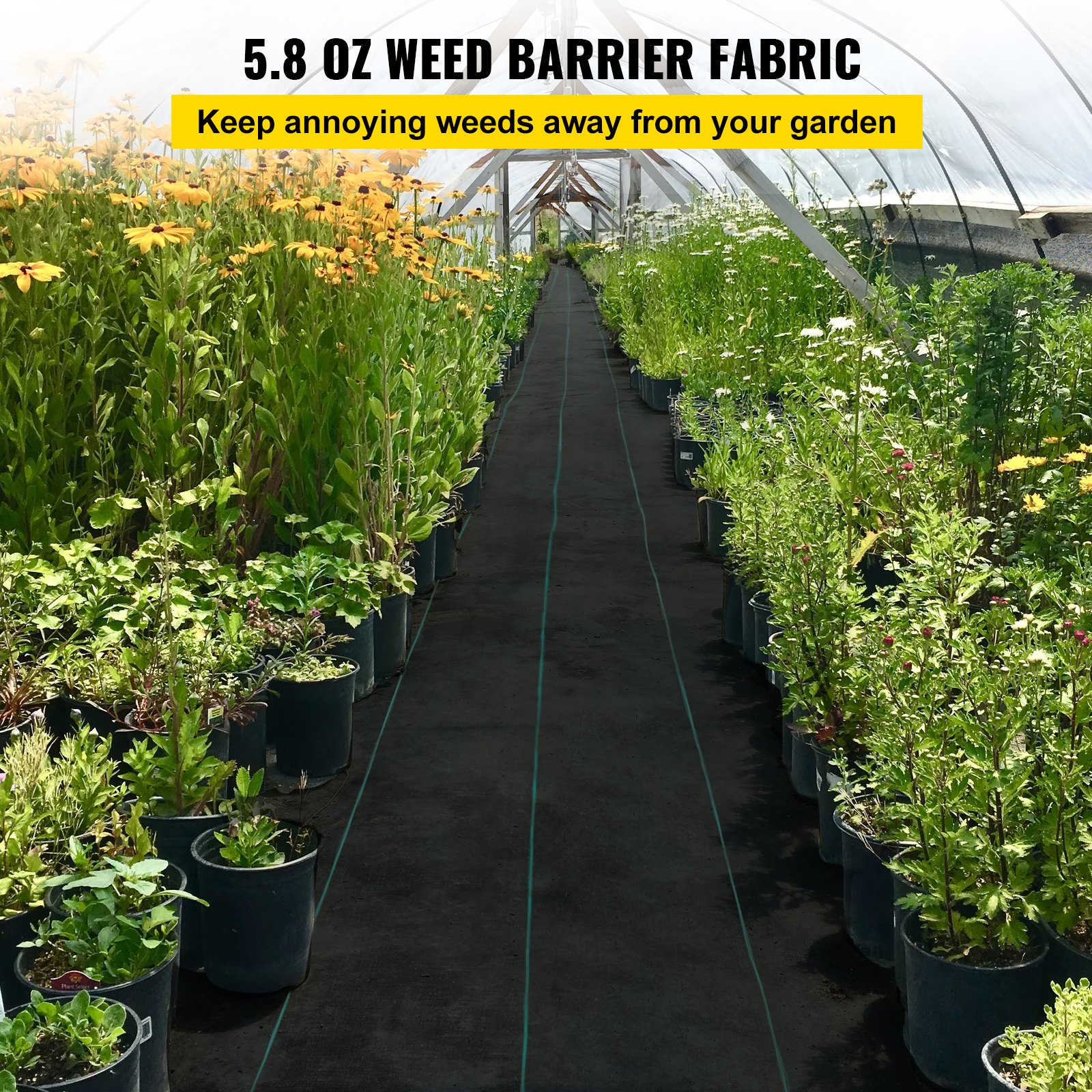 VEVOR Tkanina do zwalczania chwastów, 5,8 uncji, mata ogrodowa, 0,9 x 91,4 m, wytrzymała tkana geowłóknina do zwalczania trawy, bariera chwastobójcza, folia chwastobójcza do ogrodu i na patio, czarna