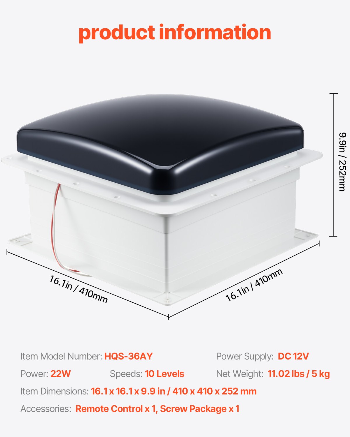 Wentylator dachowy VEVOR RV, 12 V, mocny, 10-biegowy wentylator rewersyjny z pilotem, wbudowany silnik prądu stałego, pokrywa elektryczna, pasuje do otworów dachowych o wymiarach 14 x 14 cali