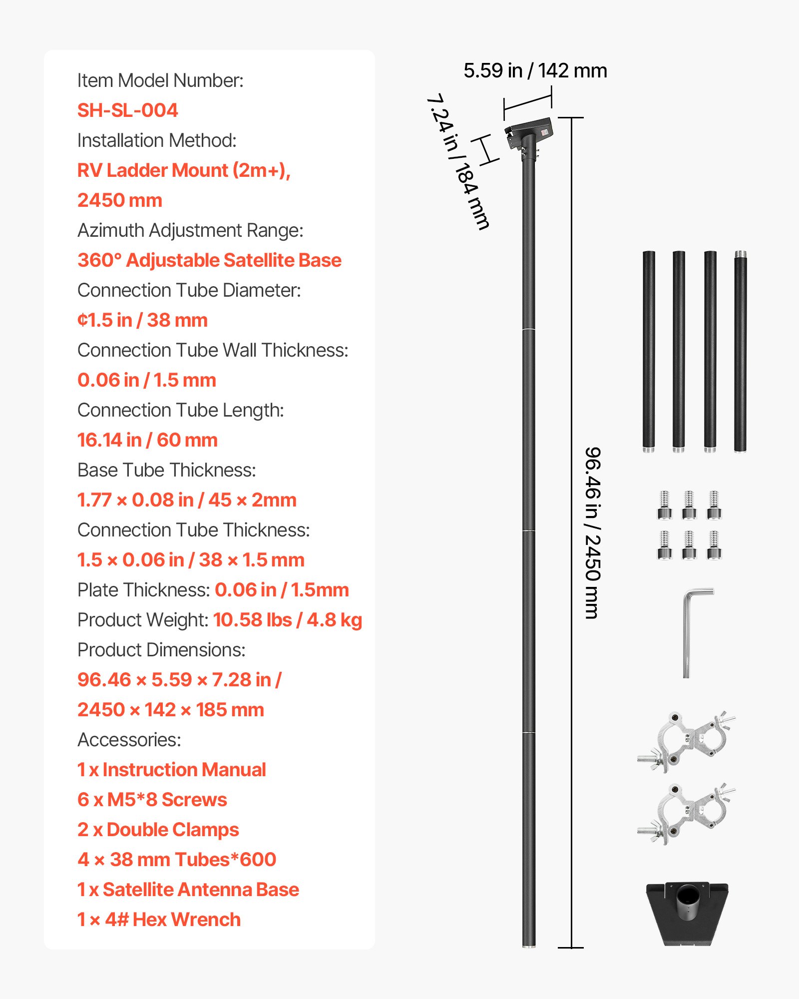 Uchwyt drabinowy VEVOR Starlink Gen 3 do kampera, 2450 x 142 x 185 mm, regulowany kąt 360°, z zestawem montażowym, bardzo długi stalowy adapter drabinowy, kompatybilny z Gen 3 i V3, czarny