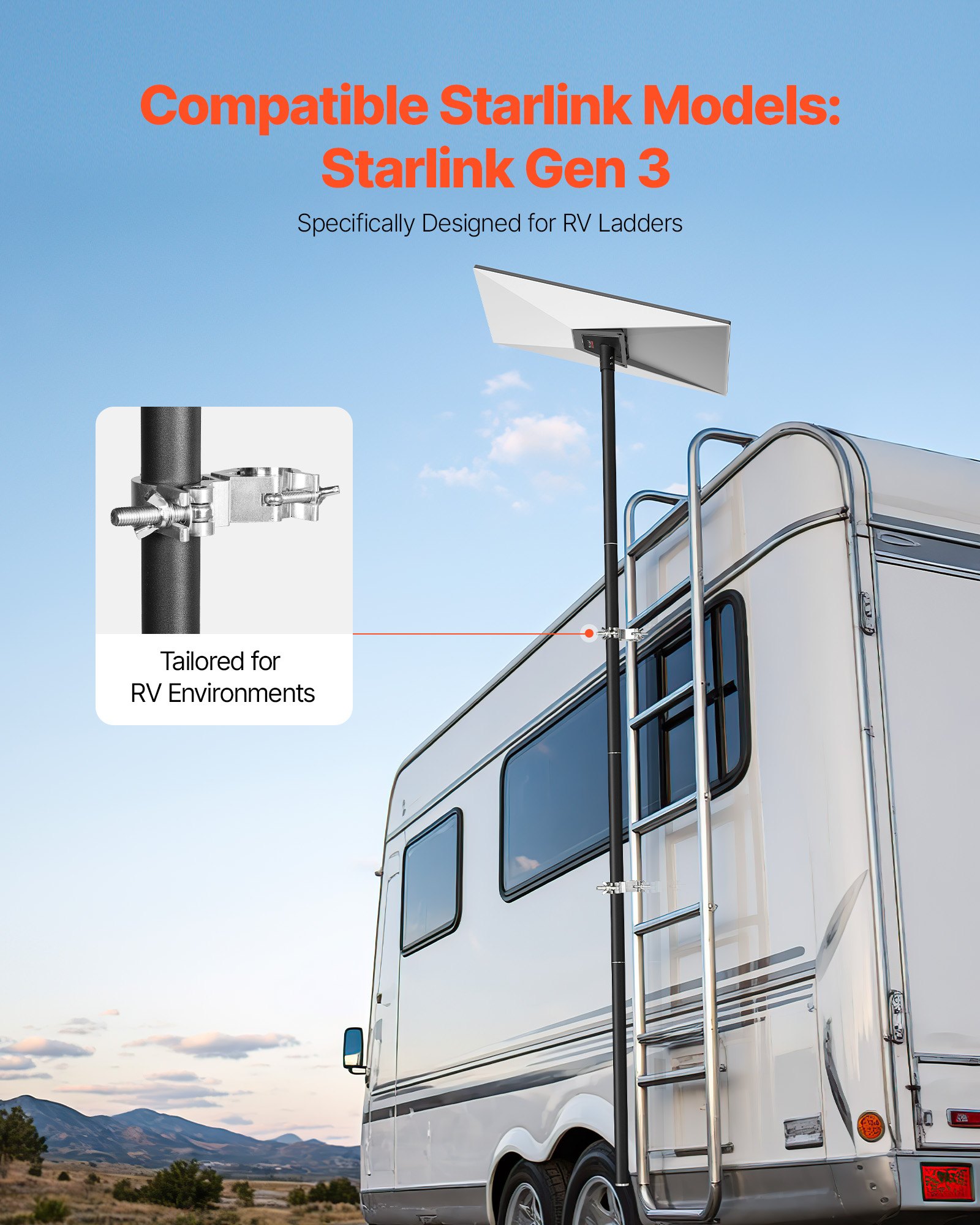 Uchwyt drabinowy VEVOR Starlink Gen 3 do kampera, 2450 x 142 x 185 mm, regulowany kąt 360°, z zestawem montażowym, bardzo długi stalowy adapter drabinowy, kompatybilny z Gen 3 i V3, czarny
