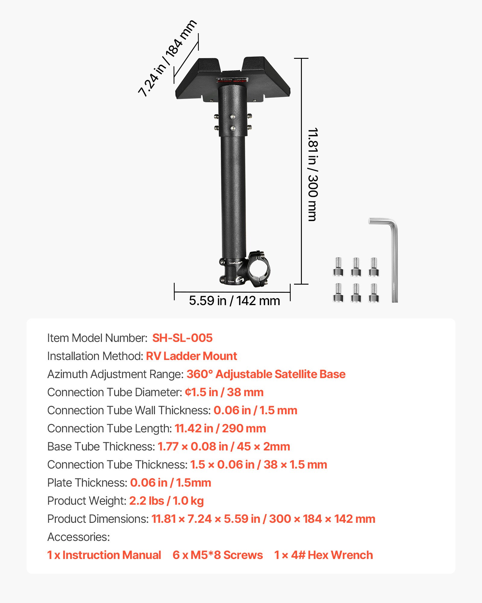 Uchwyt drabinowy VEVOR Starlink Gen 3 do kampera, 300 x 184 x 142 mm, regulowany kąt 360°, z zestawem montażowym, bardzo krótki stalowy adapter drabinowy, kompatybilny z Gen 3 i V3, czarny