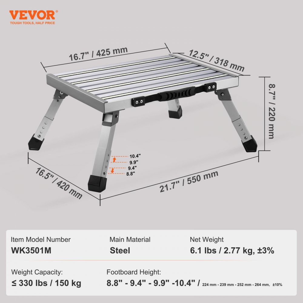 VEVOR Drabina domowa 550x420x220 mm Składana drabina schodkowa z aluminium Drabina schodkowa 1 stopień, udźwig 150 kg Składany stołek schodkowy 224-239-252-264 mm Regulowana wysokość drabiny kuchennej, antypoślizgowy stołek schodkowy