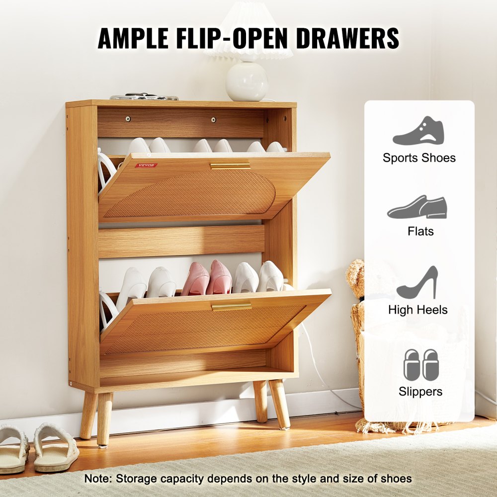 VEVOR Narrow Shoe Cabinet, Shoe Rack, Wood Color, 600 x 168 x 877 mm, Shoe Cabinet with 2 Drop-Down Doors + Top Storage Compartment, Shoe Chest, 36.28 kg Load Capacity, Solid Wood Shoe Storage Cabinet for Hallway