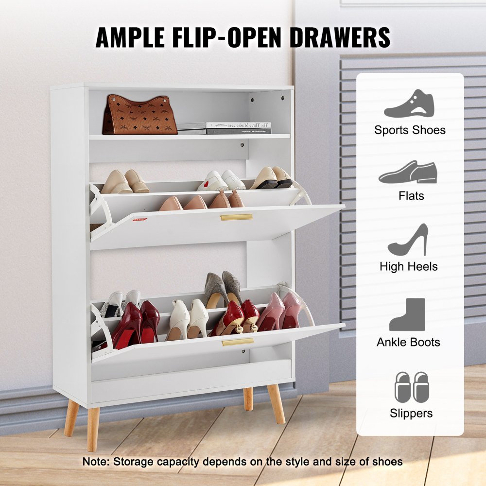 Szafka na buty VEVOR Slim, biała, 800 x 237 x 1205 mm, szafka na buty z 2 klapami i górną przegrodą, komoda na buty, udźwig 68 kg, szafka na buty z litego drewna do przedpokoju, do użytku na zewnątrz