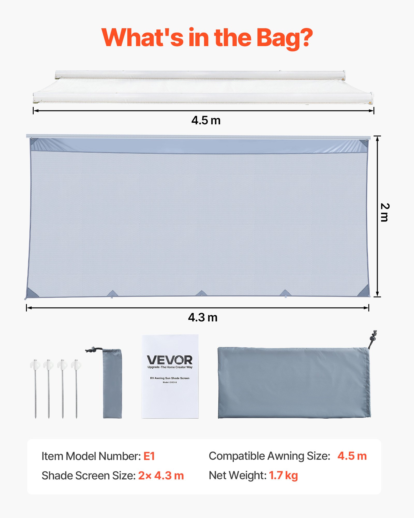 VEVOR Osłona przeciwsłoneczna (2 x 4,3 m) do markiz (4,5 m), przedni panel markizy wykonany z siatki poliestrowej, podwójnie szyta i oddychająca osłona prywatności do kamperów, kempingów i przyczep kempingowych