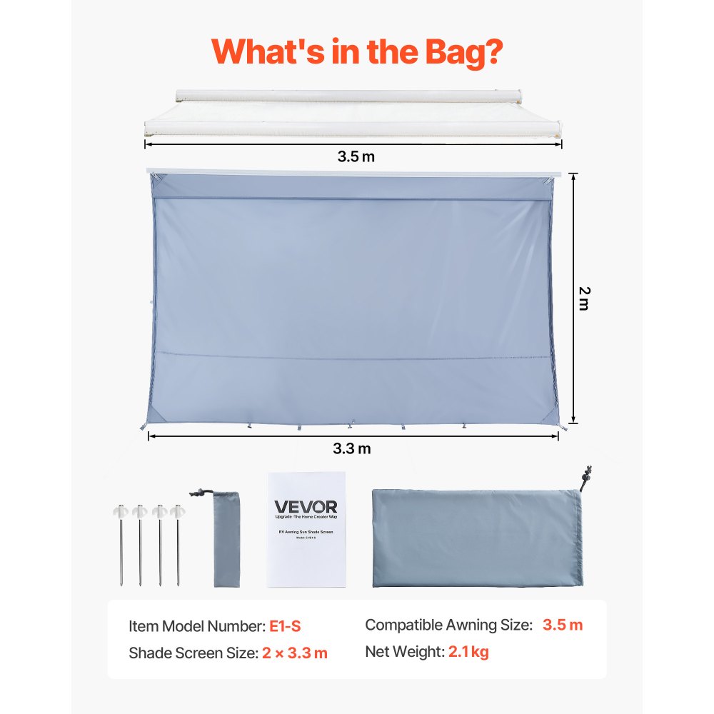 Osłona przeciwsłoneczna VEVOR (2 x 3,3 m) do markiz (3,5 m), przedni panel markizy z powłoką UV50+, zapinaną na zamek błyskawiczny, z podwójnie szytą siatką poliestrową, osłona przeciwdeszczowa do kamperów, przyczep kempingowych i kempingowych