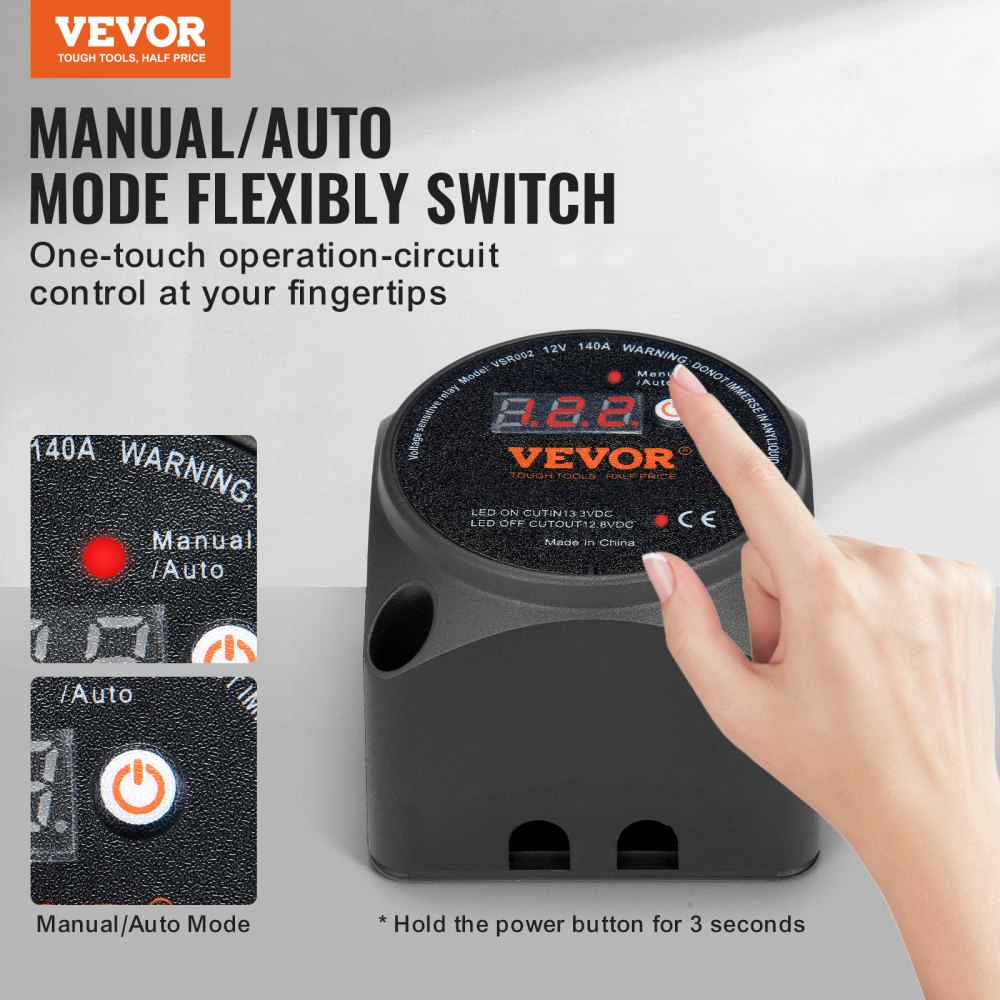 VEVOR Przekaźnik izolatora podwójnego akumulatora, 12 V 140 A, tryb ręczny i automatyczny, przekaźnik VSR wrażliwy na napięcie z wyświetlaczem LCD, do pojazdów ATV, UTV, kamperów, przyczep kempingowych, ciężarówek, łodzi i jachtów