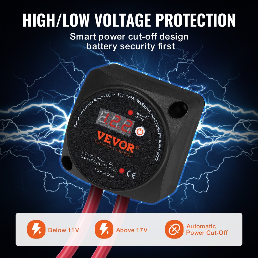 VEVOR Przekaźnik izolatora podwójnego akumulatora, 12 V 140 A, tryb ręczny i automatyczny, przekaźnik VSR wrażliwy na napięcie z wyświetlaczem LCD, do pojazdów ATV, UTV, kamperów, przyczep kempingowych, ciężarówek, łodzi i jachtów