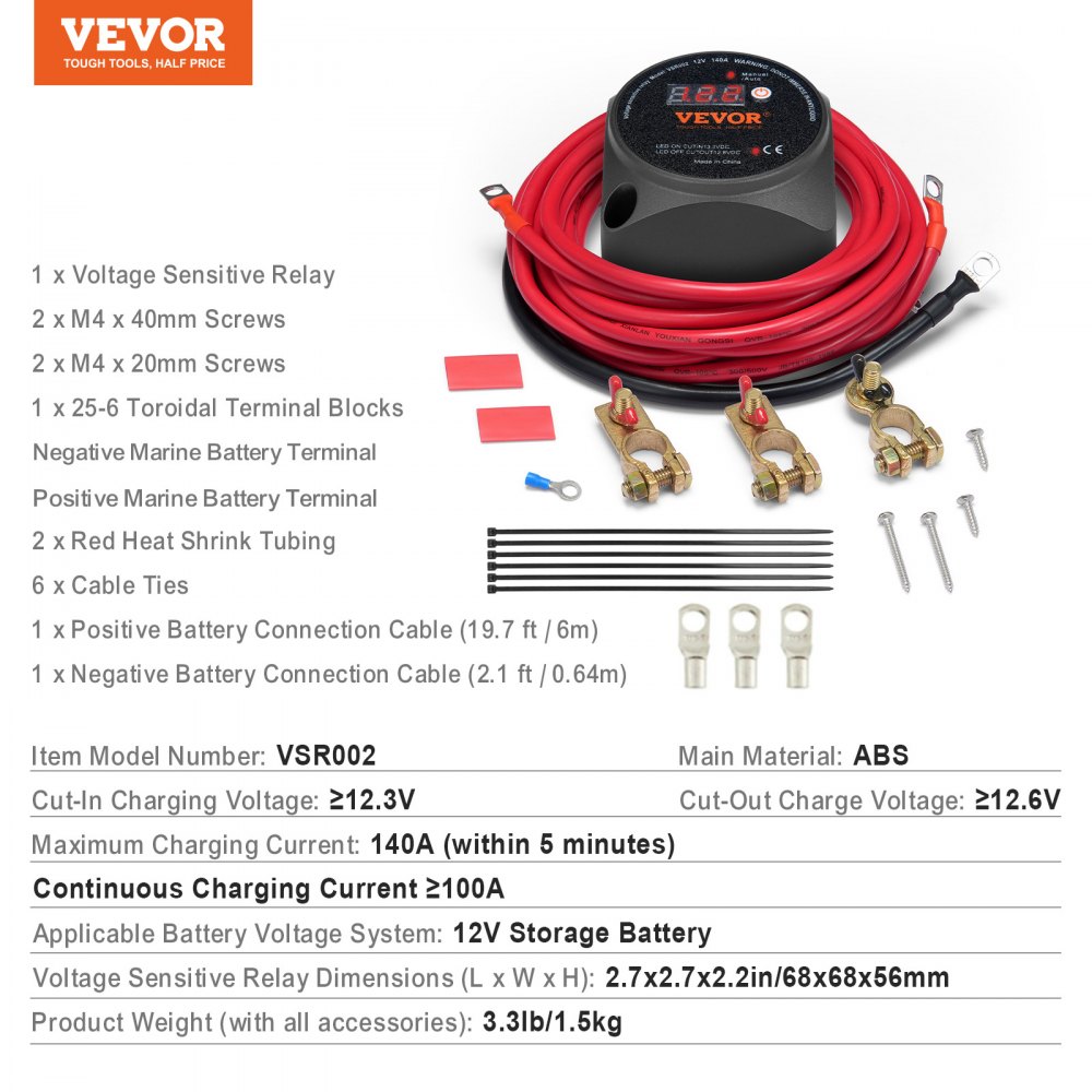 VEVOR Przekaźnik izolatora podwójnego akumulatora, 12 V 140 A, tryb ręczny i automatyczny, przekaźnik VSR wrażliwy na napięcie z wyświetlaczem LCD, do pojazdów ATV, UTV, kamperów, przyczep kempingowych, ciężarówek, łodzi i jachtów