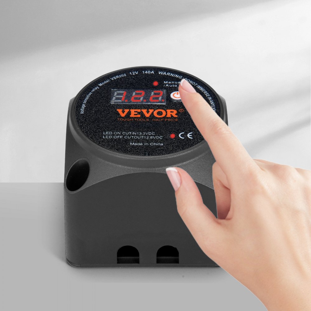 VEVOR Przekaźnik izolatora podwójnego akumulatora, 12 V 140 A, tryb ręczny i automatyczny, przekaźnik VSR wrażliwy na napięcie z wyświetlaczem LCD, do pojazdów ATV, UTV, kamperów, przyczep kempingowych, ciężarówek, łodzi i jachtów
