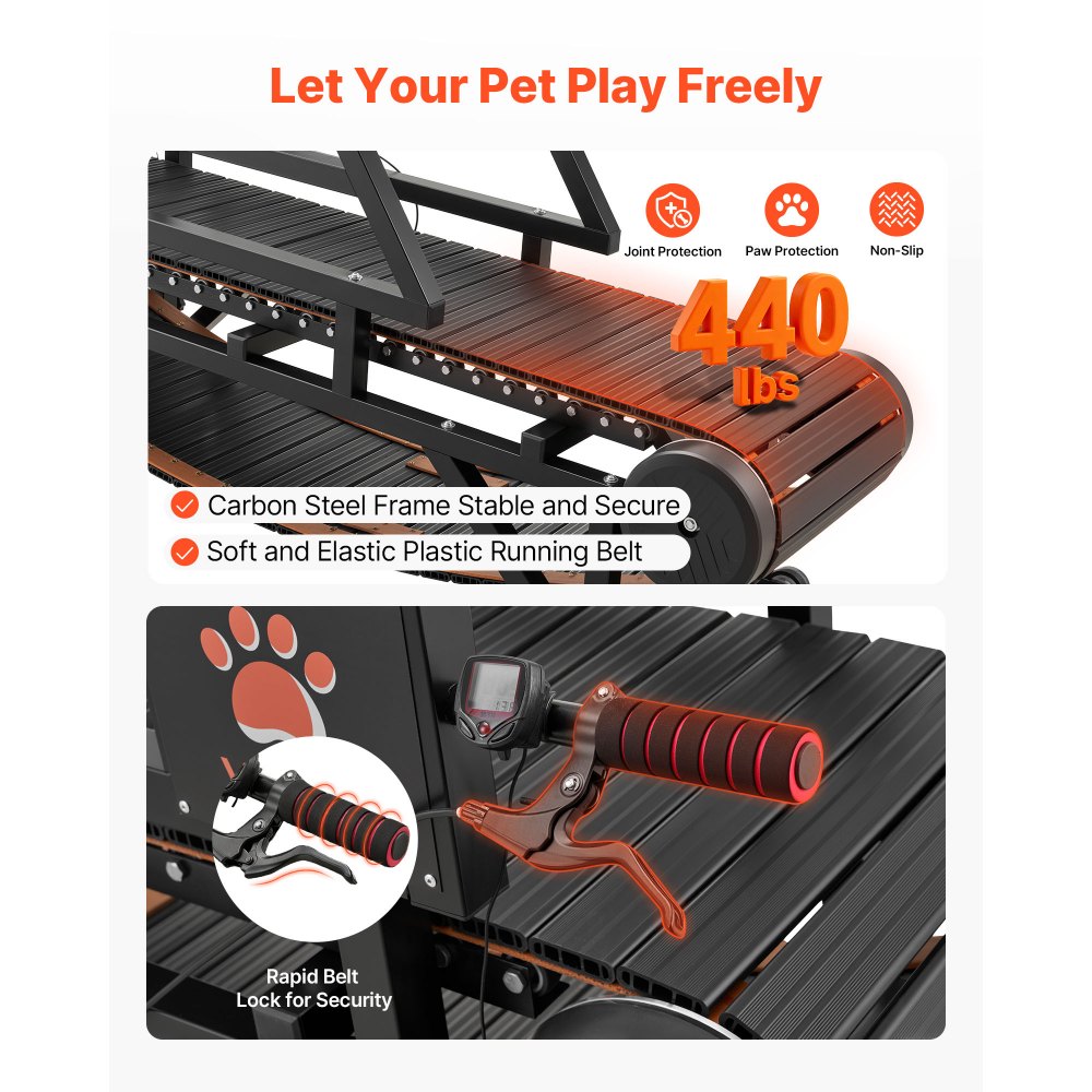 VEVOR Dog Treadmill for Medium/Large Dogs, Pet Running Machine Pacer Slatmill with Stepless Adjustment, Brake & Wheels, Upgrade Plastic Belt to Keep Pets Fit, Up to 199.6kg, 15cm Incline Height