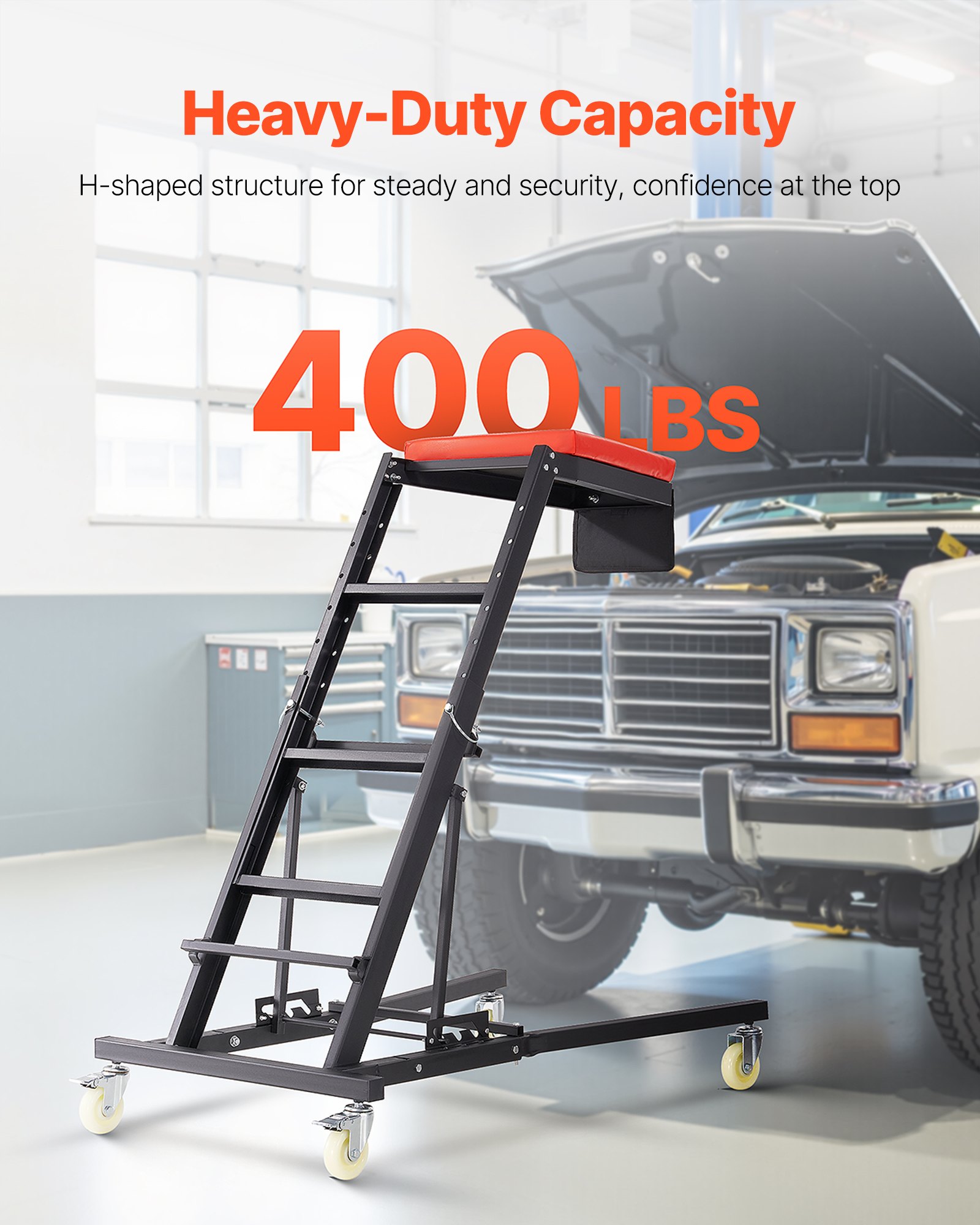 VEVOR Rollable Automotive Topside Creeper, silnik Creeper 1080-1645 mm Regulowany, udźwig 181,44 kg, wysoki Creeper, 4 kółka obrotowe, wyściełana platforma, Creeper do garażu domowego