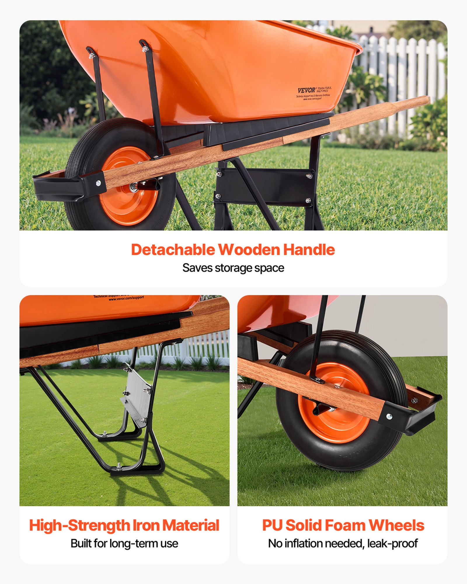 VEVOR Wheelbarrow Cart, 6 cubic foot load capacity and 330 lbs capacity, single-wheel garden wheelbarrow cart with metal handle and 16-inch wide track wheels, easy-to-load garden cart and wagon for lawn and farm