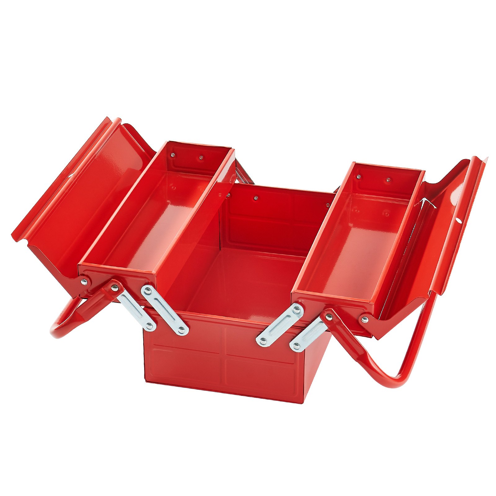 Skrzynka narzędziowa VEVOR 355,6 x 200 x 165 mm, 2-poziomowa, 3-komorowa, z uchwytem i otworem na zamek, stal malowana proszkowo, walizka narzędziowa do gospodarstwa domowego, fabryki, magazynu, warsztatu naprawczego, czerwona
