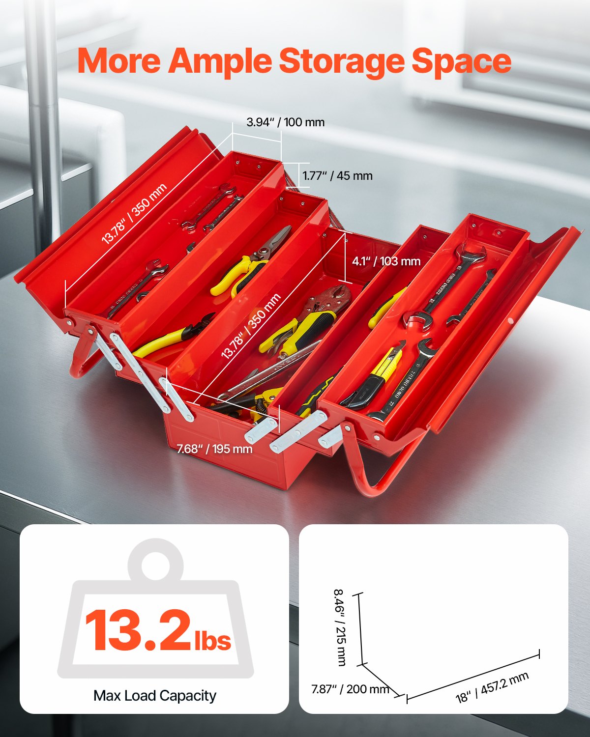 Skrzynka narzędziowa VEVOR 457,2 x 200 x 215 mm, 3-poziomowa, 5-komorowa, z uchwytem i otworem na zamek, stal malowana proszkowo, walizka narzędziowa do gospodarstwa domowego, fabryki, magazynu, warsztatu naprawczego, czerwona