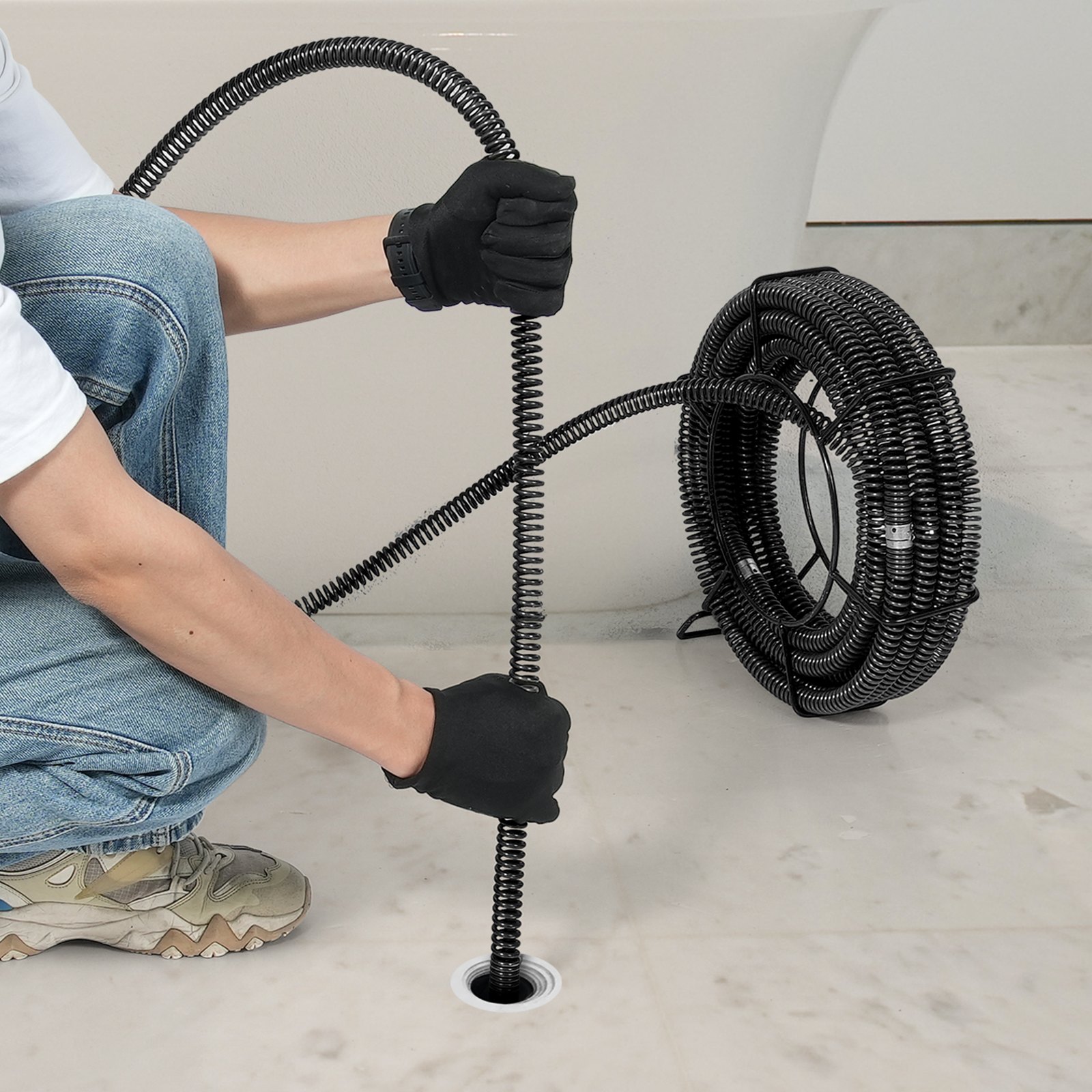 Spirala do czyszczenia odpływów VEVOR 14 m x 22 mm, profesjonalna spirala do czyszczenia odpływów z 6 obcinakami do rur o średnicy od 20 do 150 mm, spirala do kanalizacji z pustym rdzeniem do zlewu, odpływu podłogowego, toalety