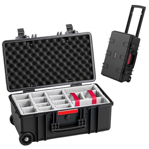 VEVOR Outdoor Trolley Hard Shell Torba na aparat fotograficzny 555 x 345 x 250 mm, do dronów, kamer i akcesoriów, 45 l, wodoodporna skrzynia ochronna z przegrodami i wysuwaną rączką, stopień ochrony IP67, kolor czarny