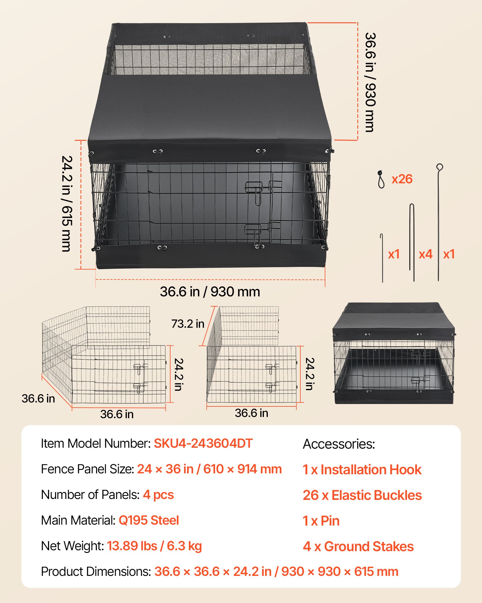 VEVOR Dog Playpen 61 cm 4 Panels Exercise Pen with Top Cover & Bottom Pad, Indoor Foldable Metal Pet Fence with Door, Heavy Duty Puppy Crate Kennel Pen for Dogs, Cats, and Other Small Animals, Black