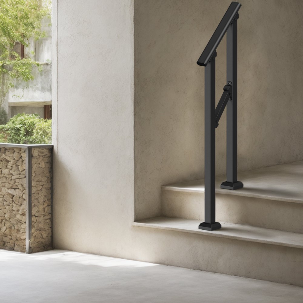 VEVOR Handrails for Outdoor Stairs, 1-2 Step Stair Handrail Set, Carbon Steel Transition Railing with Mounting Kit, Stair Railing for Seniors, Concrete Steps & Porch & Deck, Black Square Tube