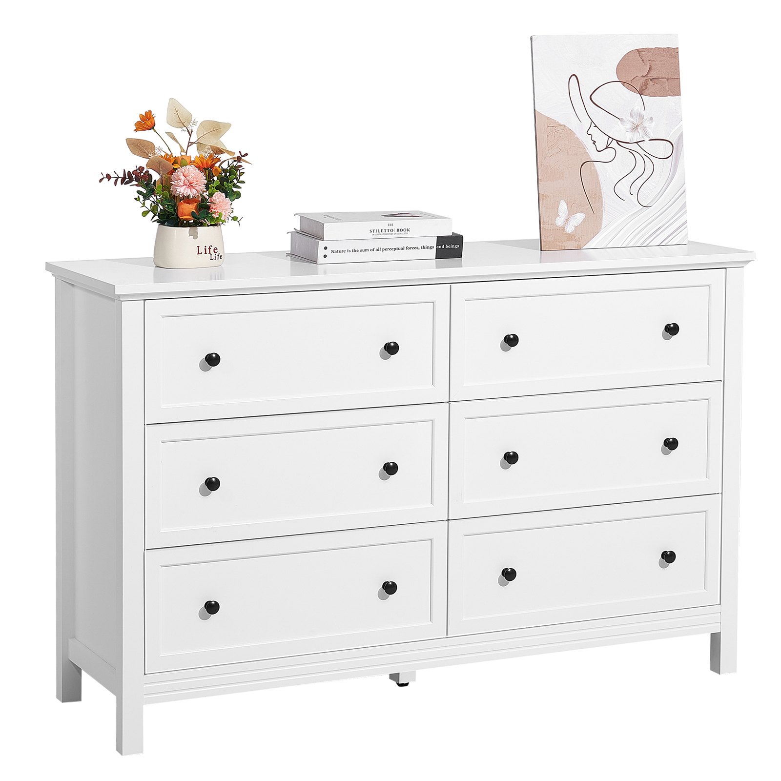 Komoda VEVOR z 6 szufladami, drewniana komoda z przesuwanymi szufladami i zabezpieczeniem przed przewróceniem, minimalistyczna szafka pod telewizor w stylu retro, organizer do salonu i sypialni (biały)