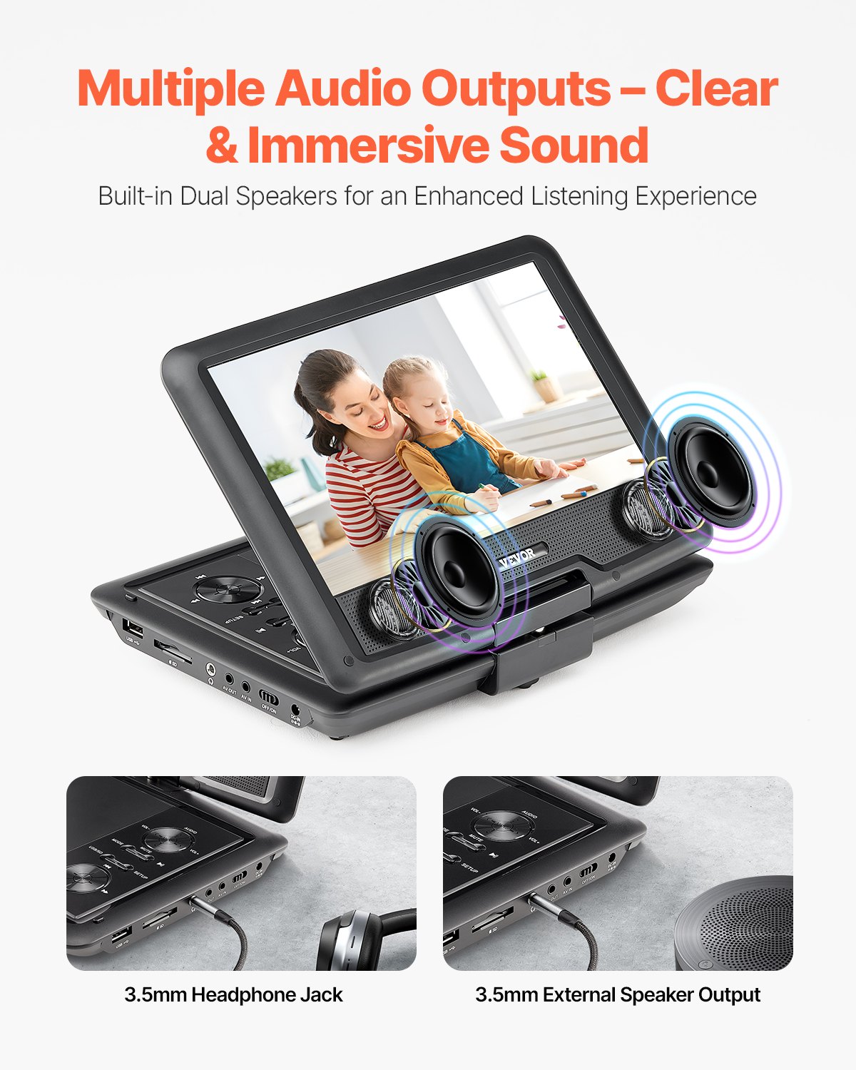 Odtwarzacz DVD VEVOR przenośny z obrotowym ekranem HD (256 mm), wbudowana bateria 4-godzinna, 2 głośniki, obsługuje synchronizację z TV/USB/kartą SD/CD/DVD, ładowarka samochodowa, kolor czarny