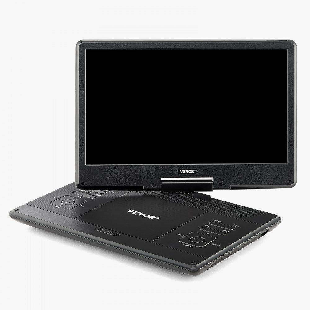 Przenośny odtwarzacz DVD VEVOR z obrotowym ekranem HD (358 mm), wbudowaną baterią o czasie pracy 4,5-5 godzin, 2 głośnikami, obsługuje synchronizację TV/USB/karty SD/CD/DVD, ładowarką samochodową, kolor czarny