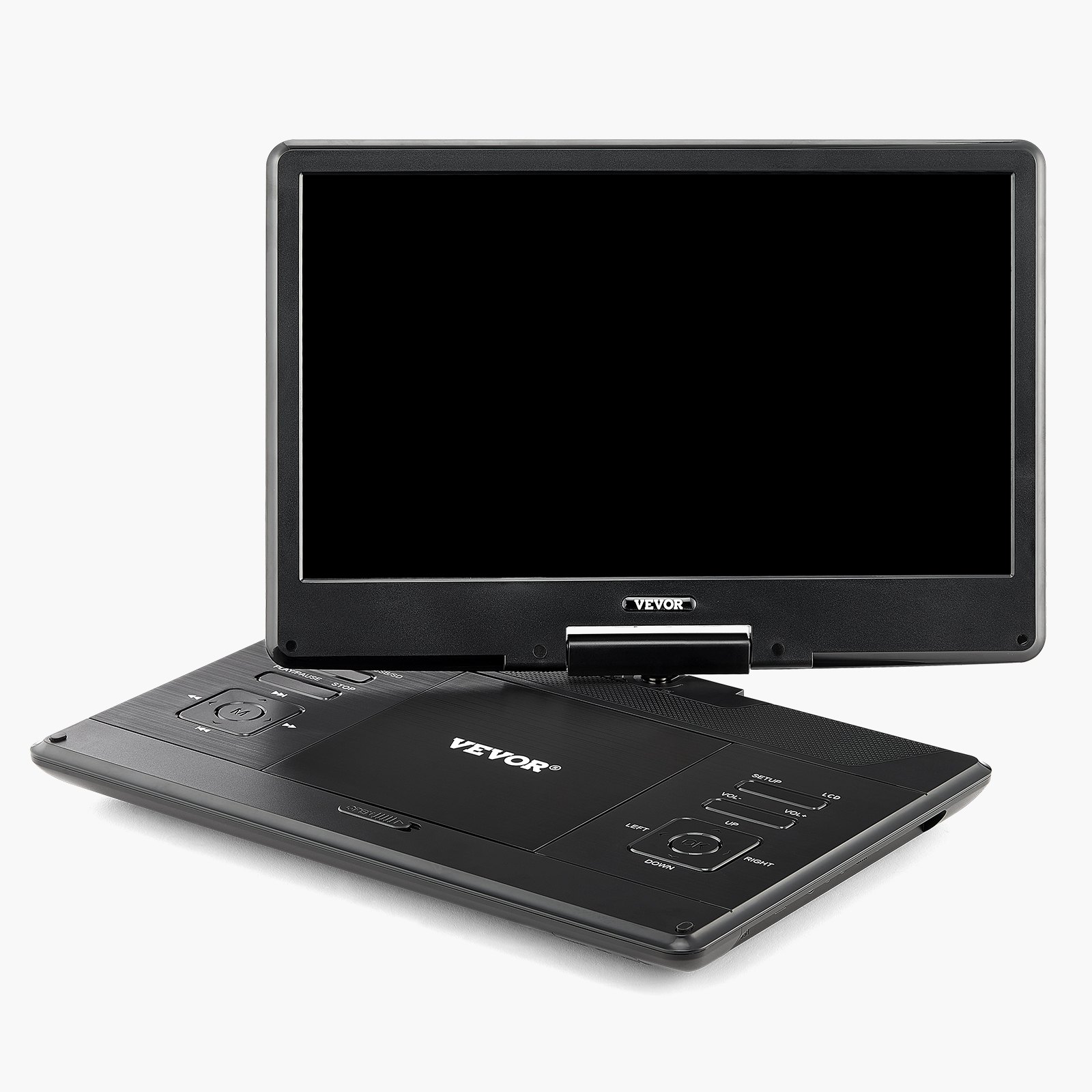 Przenośny odtwarzacz DVD VEVOR z obrotowym ekranem HD (358 mm), wbudowaną baterią o czasie pracy 4,5-5 godzin, 2 głośnikami, obsługuje synchronizację TV/USB/karty SD/CD/DVD, ładowarką samochodową, kolor czarny