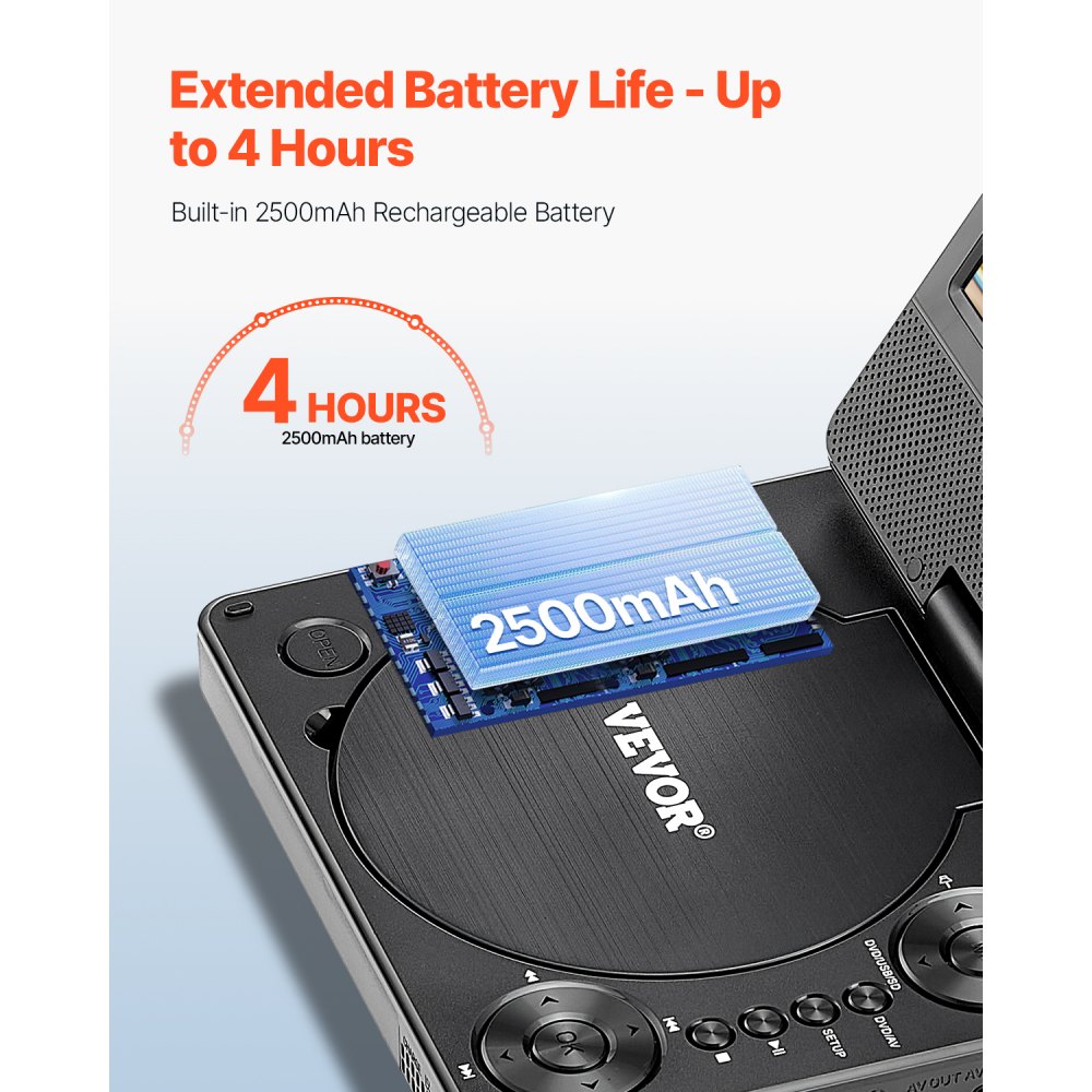 Odtwarzacz DVD VEVOR przenośny z obrotowym ekranem HD (178 mm), wbudowana bateria 4-godzinna, 2 głośniki, obsługuje synchronizację z TV/USB/kartą SD/CD/DVD, ładowarka samochodowa, kolor czarny