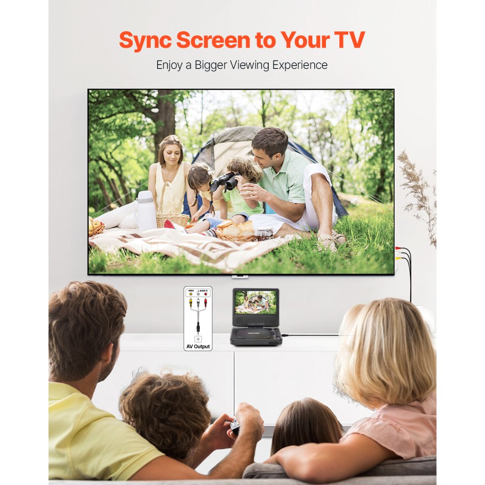 Odtwarzacz DVD VEVOR przenośny z obrotowym ekranem HD (178 mm), wbudowana bateria 4-godzinna, 2 głośniki, obsługuje synchronizację z TV/USB/kartą SD/CD/DVD, ładowarka samochodowa, kolor czarny