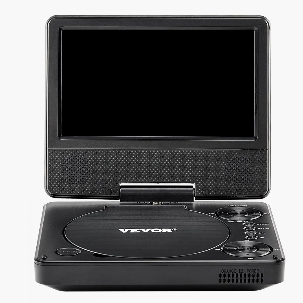 VEVOR portable DVD player with rotating HD screen (178 mm), built-in battery with 4-hour runtime, 2 speakers, supports synchronization of TV/USB/SD card/CD/DVD, car charger, black