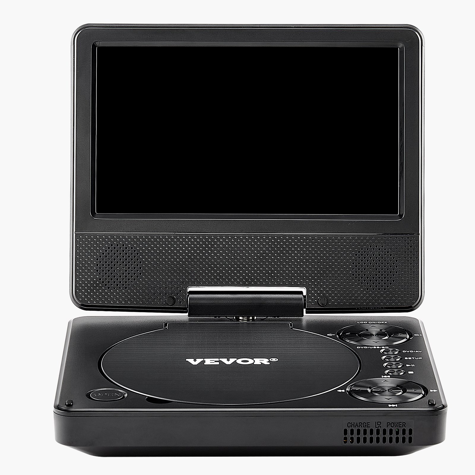 VEVOR portable DVD player with rotating HD screen (178 mm), built-in battery with 4-hour runtime, 2 speakers, supports synchronization of TV/USB/SD card/CD/DVD, car charger, black