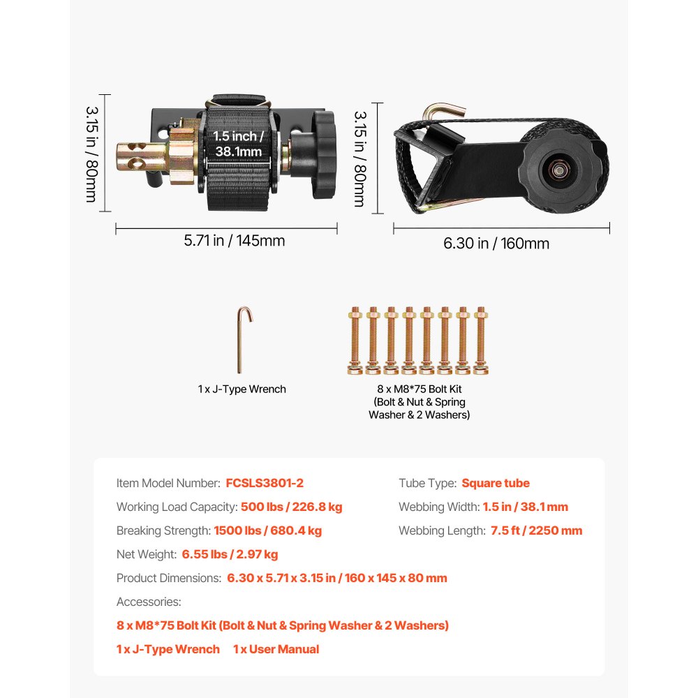 VEVOR Ladder Rack Ratchet Straps, Black Square Tube Mount, 38 mm Wide x 2.25 m Long Black Ladder Rack Straps with Double J-Hooks, 226.8 kg Load Heavy Duty, Cargo Buckle Lock Strap (2 Pack)