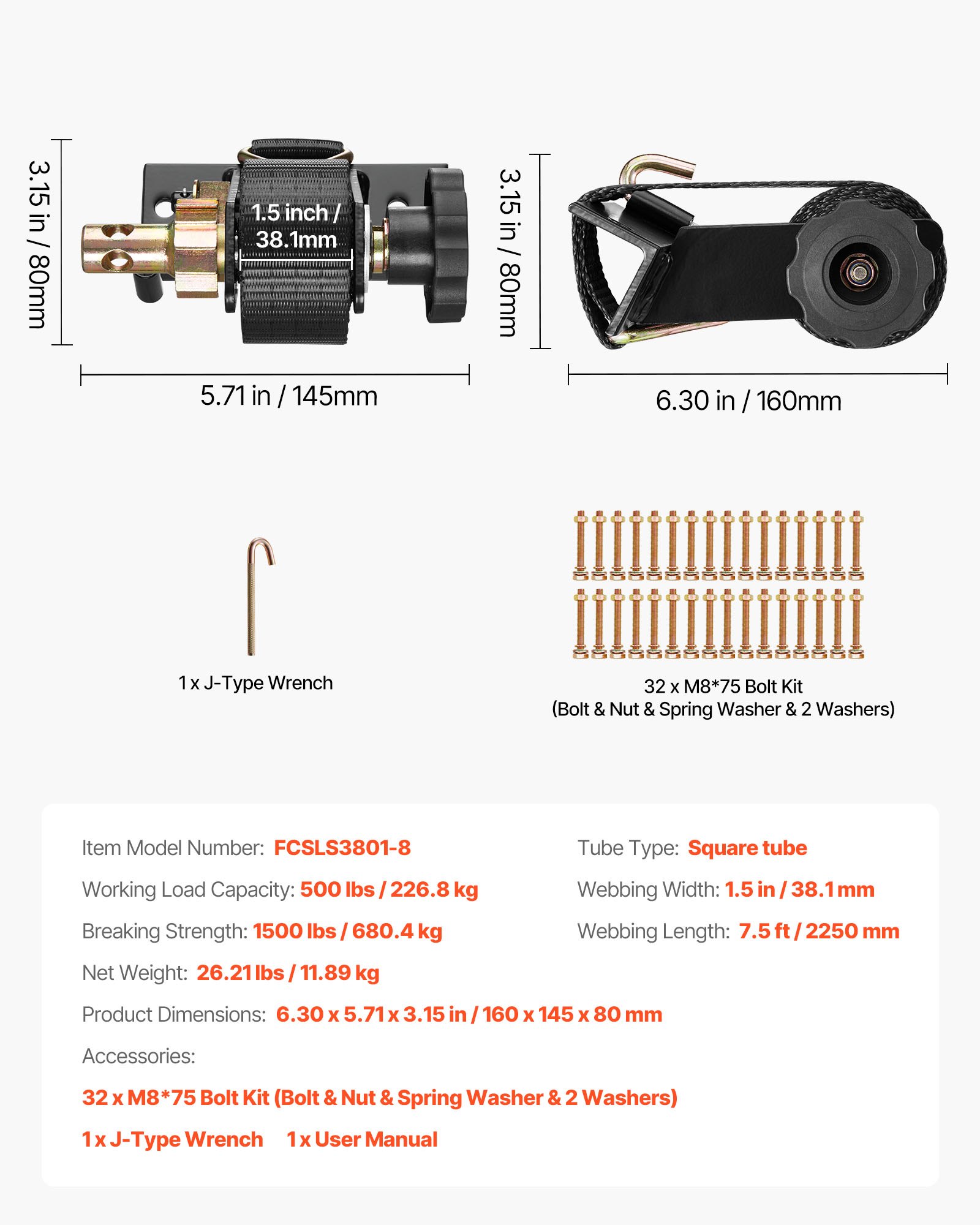 Pasy napinające VEVOR do ram drabinowych, montaż na czarnej rurce kwadratowej, szerokość 38 mm, długość 2,25 m, pasy zapadkowe z podwójnymi hakami typu J, nośność 226,8 kg, z zapięciem na klamrę (opakowanie 8 szt.)