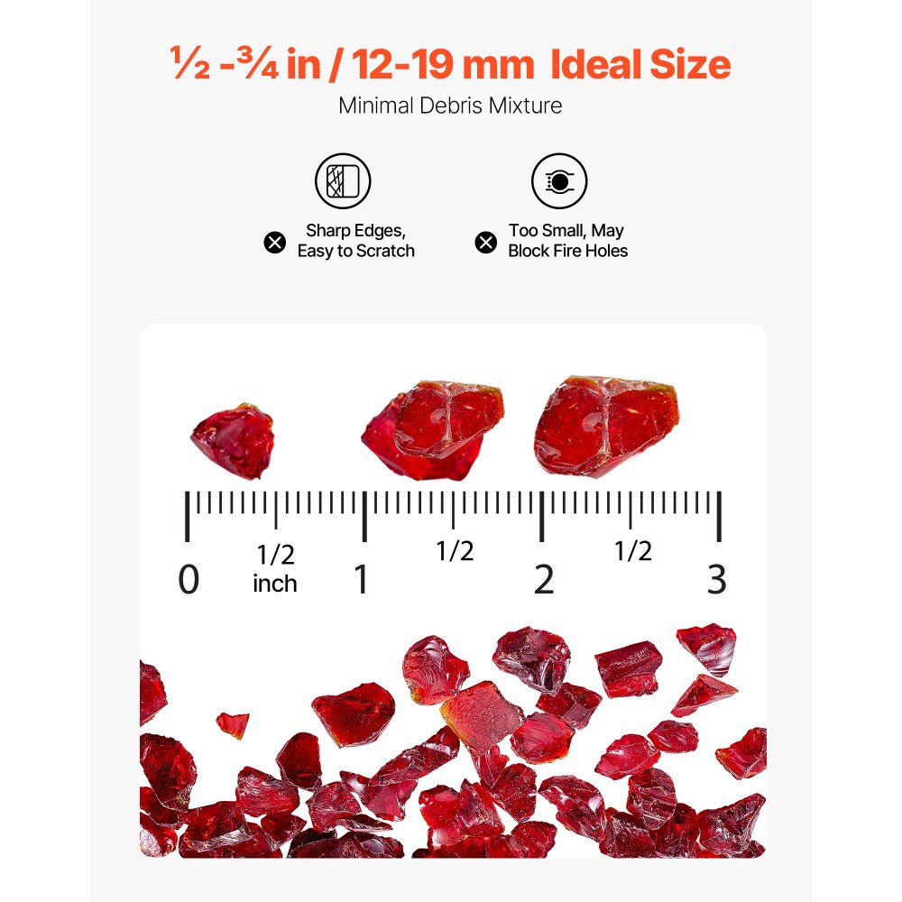 Szkło ognioodporne VEVOR, odblaskowe, 4,5 kg, szkło do palenisk, kamienie szklane 12-19 mm, kruszone kamienie szklane do palenisk, szkło kominkowe, kryształ ogniowy, kula ogniowa do palenisk propanowych, kominek, czerwony