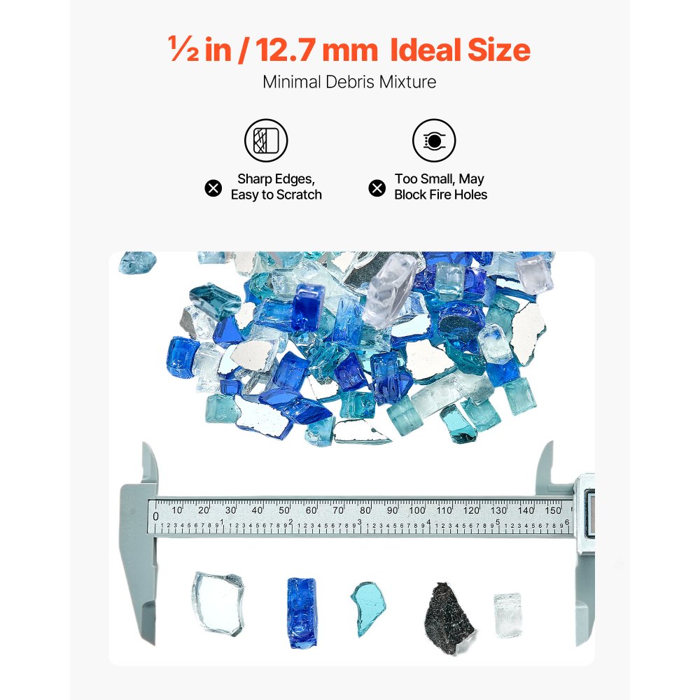 Szkło ognioodporne VEVOR, 4,5 kg, kamienie szklane, odblaskowe koraliki szklane do palenisk 12,7 mm, kamienie szklane do palenisk, szkło kominkowe, kryształ ogniowy, koraliki ogniowe do kominków gazowych, kobaltowy, aqua niebieski, przezroczysty